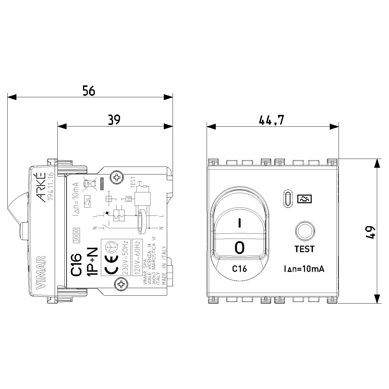 Vimar - Vimar Arké 19411 RCBO Circuit Breaker - 120-230 V, 50-60 Hz, 2 Modules, IP40 - Apollo Lighting