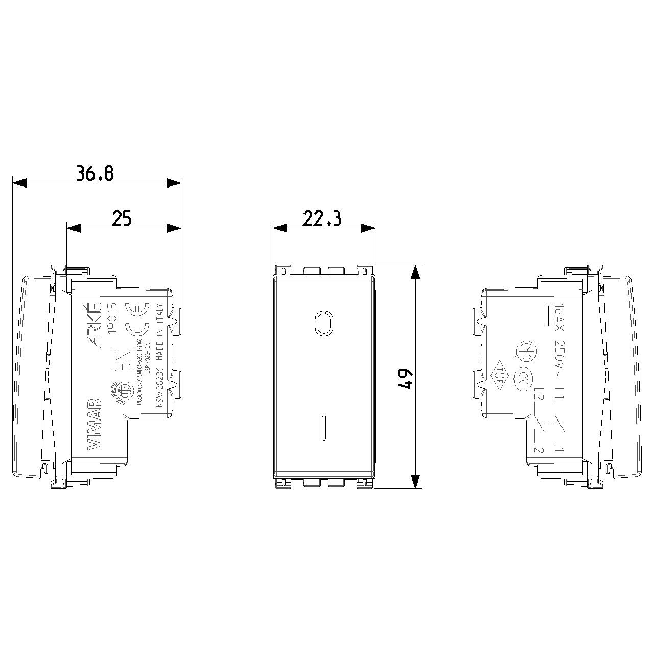 Vimar - Arké 19015 1-Way Rocker Button - 2P 16 AX 250 V, Lightable, Replaceable Button, IP40, Plastic - Apollo Lighting