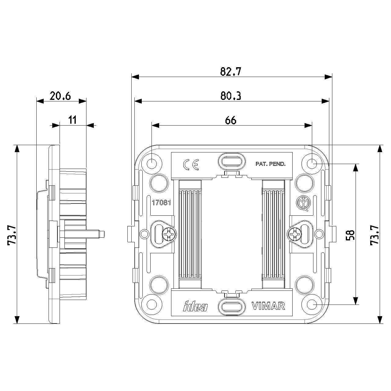 Vimar - Idea 17081 Mounting Frame - 1 Module, Claws, Grooved Front, Plastic - Apollo Lighting