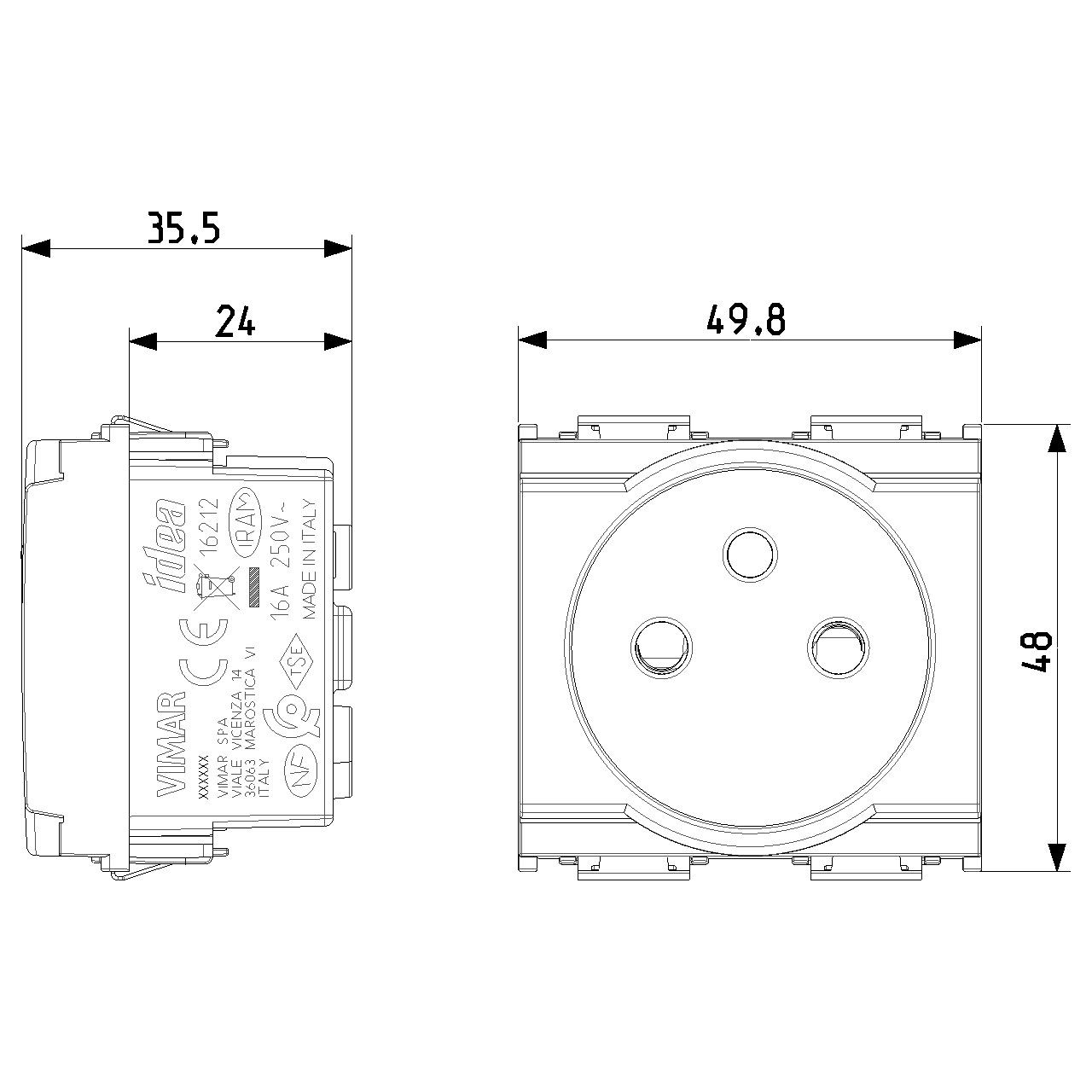 Vimar - Idea 16212 SICURY Socket Outlet - 2P+E 16 A 250 V, 2 Module, French Standard, IP20, Plastic - Apollo Lighting