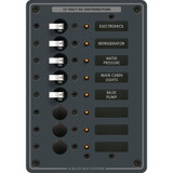 Blue Sea Systems Traditional Metal DC Circuit Breaker Panel, 12V/24V DC, 100A, White Toggle Breakers, Backlit Labels