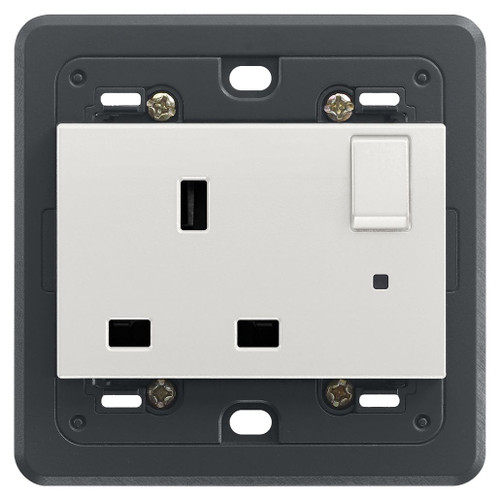 Vimar Eikon SICURY Switched English Standard Socket Outlet, 2P+E, 13A 250V, IP20, 3-Module Mounting Frame, Indicator Unit - Apollo Lighting