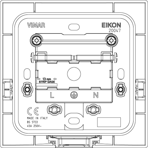 Vimar Eikon Cable Outlet with Terminal Bar, For Square Mounting British Standard Boxes, 2P+T, 45A, 250V