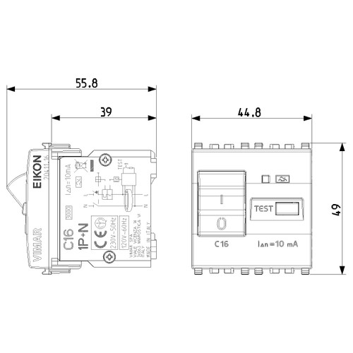 Vimar - Eikon 20411.16 RCBO Circuit Breaker - 1P+N C16, 120/230V, 10 mA, IP40, 2 Module, 50-60 Hz - Apollo Lighting