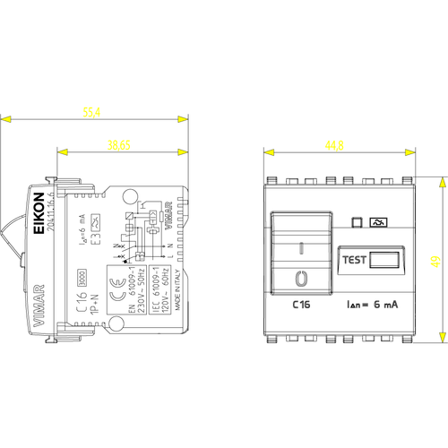 Vimar Eikon RCBO Circuit Breaker, 1P+N, 120-230V, 50/60 Hz, Type A RCD, IP40, 2 Modules