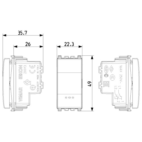 Vimar Eikon Reversing Switch, 1P 16AX 250V, IP40, Lightable, Replaceable Button