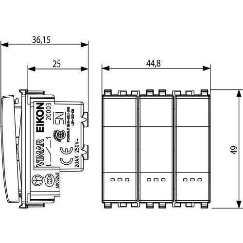 Vimar Eikon 3-Rocker 1-Way Switch, 20AX, 250V, Lightable, 2 Module, IP40