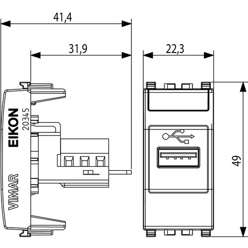 Vimar Eikon USB Socket Outlet, 1 Module, Screw Terminals, IP20