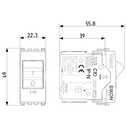 Vimar Eikon Miniature Circuit Breaker, 1P+N, C Curve, 120-230V AC, 50-60 Hz, IP40, 1 Module