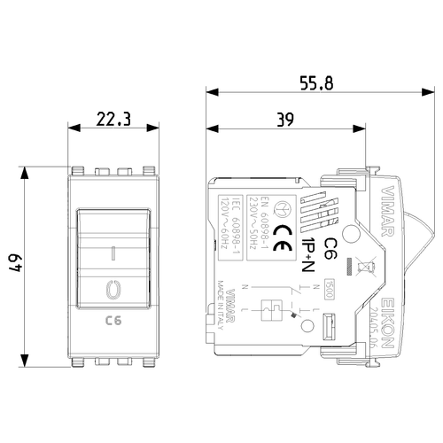 Vimar Eikon Miniature Circuit Breaker, 1P+N, C Curve, 120-230V AC, 50-60 Hz, IP40, 1 Module