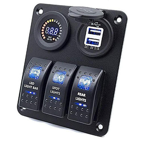 Plash - Switch Panel with Voltmeter, USB - Dual USB Charger, 12V-24V, 20A