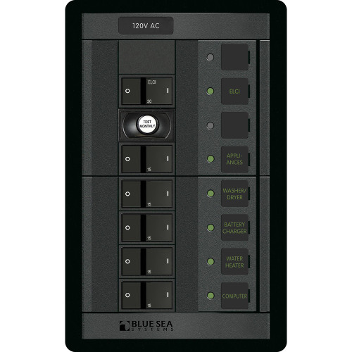 Blue Sea Systems 360 AC Circuit Breaker Panel, 30A ELCI, 5 Position, 120V AC, Flat Rocker