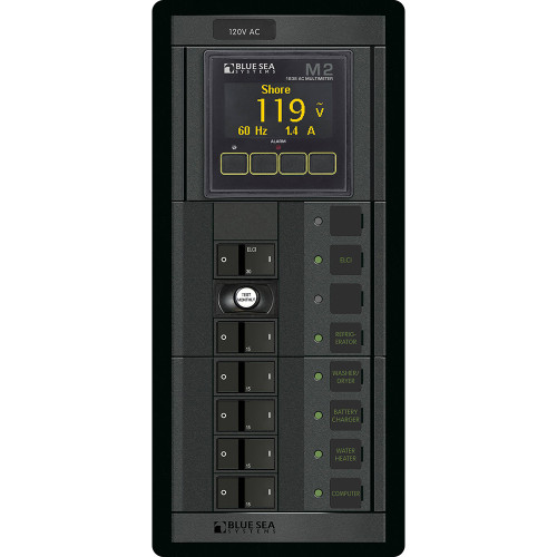 Blue Sea Systems 360 AC Circuit Breaker Panel, 30A ELCI, 5 Branch Positions, 120V AC, M2 AC Multimeter, Flat Rocker - Apollo Lighting