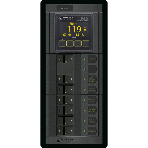 Blue Sea Systems 360 Panel AC Circuit Breaker Panel, 120V AC, 30A Main + 6 Positions, Flat Rocker, M2 AC Multimeter