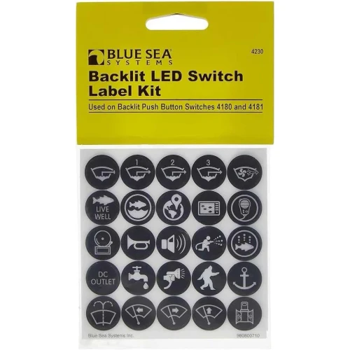 Blue Sea Systems Push Button Switch Label Kit, For 4180 & 4181, 50 ICON Labels
