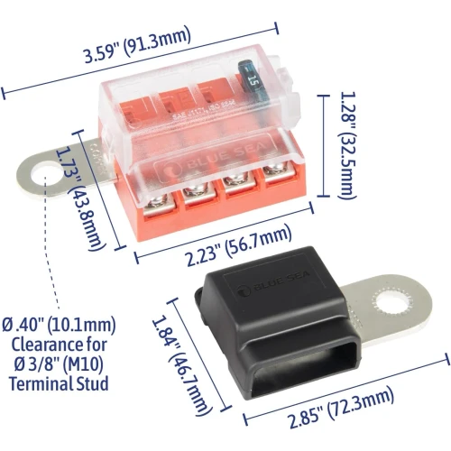 Blue Sea Systems ST-Blade Battery Terminal Mount Fuse Block Kit, 4-Circuit, ATO/ATC, 32V DC, 30A Per Circuit