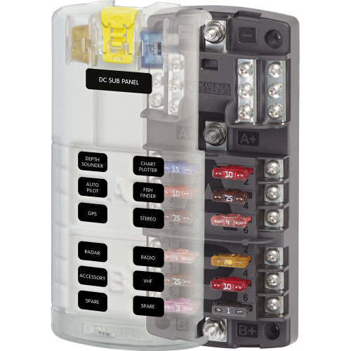 Blue Sea Systems ST Blade Split Bus Fuse Block, 12 Circuits, With Ground, ATO/ATC, 32V DC, 30A per Circuit, 100A Total - Apollo Lighting
