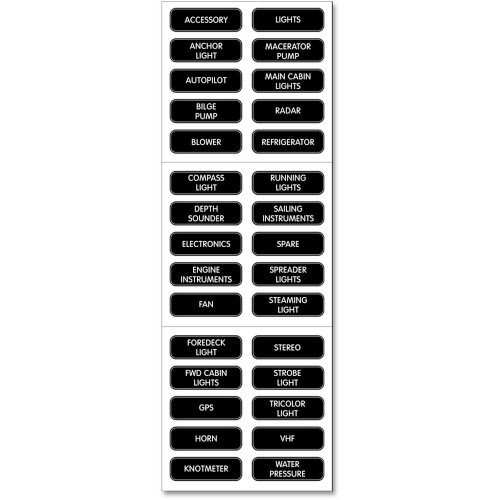 Blue Sea Systems Basic DC Panel Label Set, For Contura Waterproof Fuse Panels, For ST Glass Fuse Blocks, For Raised Rocker and Toggle Circuit Breaker Panels, 30 Labels