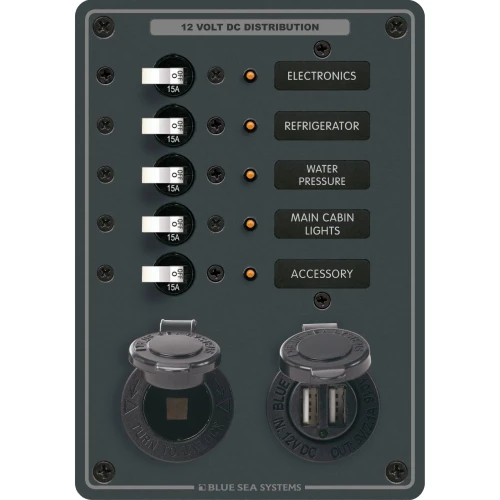 Blue Sea Systems Traditional Metal DC Panel, 5 Positions, 12V, 50A, Dual USB Charger, 12V Dash Socket