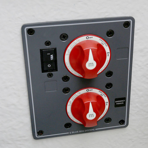 Blue Sea Systems Dual Battery Bank Management Panel, 32V DC, 300A, 2 m-Series ON/OFF Switches, 100A Circuit Breaker, Ignition Protected