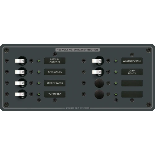 Blue Sea Systems AC 8 Position Branch Circuit Breaker Panel, 120V AC, 100A, 6 x 15A Breakers