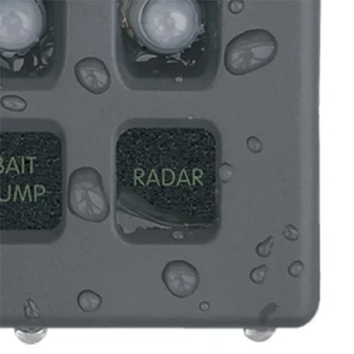 Blue Sea Systems WeatherDeck Waterproof Circuit Breaker Panel, 12/24V DC, IP67, 15A Per Circuit, Green LED Backlit Labels, Gray Panel