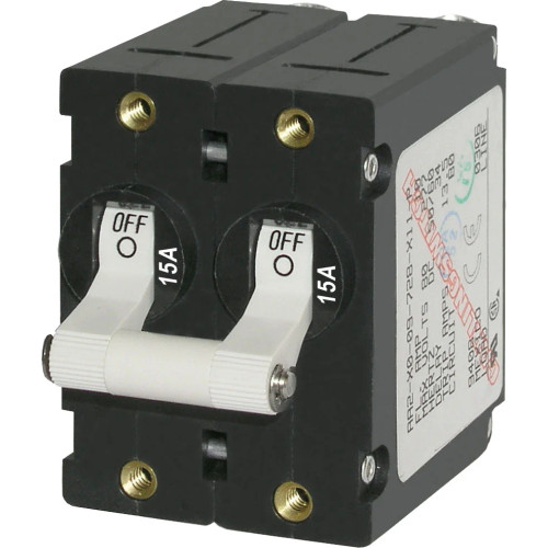 Blue Sea Systems A-Series Double Pole Toggle Circuit Breaker, 120/240V AC, 65V DC, Magnetic Hydraulic, Trip Free - Apollo Lighting