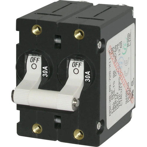 Blue Sea Systems A-Series Double Pole Toggle Circuit Breaker, 120/240V AC, 65V DC, Magnetic Hydraulic, Trip Free - Apollo Lighting