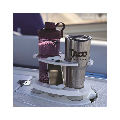 TACO Marine Double Tumbler Poly Drink Holder, 16-30 oz, White Polymer, Suction Cup Mount