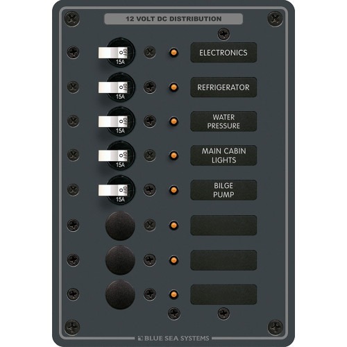 Blue Sea Systems Traditional Metal DC Circuit Breaker Panel, 12V/24V DC, 100A, White Toggle Breakers, Backlit Labels