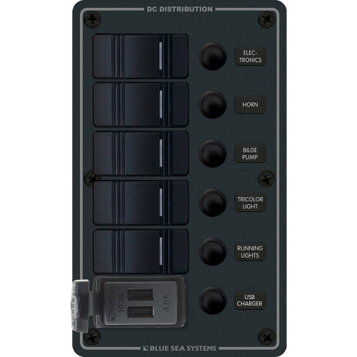Blue Sea Systems Contura 5-Position Switch Panel with Dual USB Charger, 12/24V DC, 4.8A