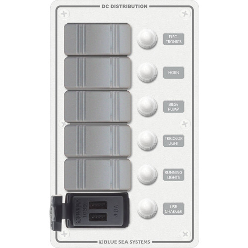 Blue Sea Systems Contura 5-Position Switch Panel with Dual USB Charger, 12/24V DC, 4.8A