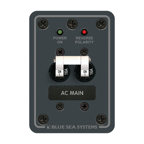 Blue Sea Systems AC Main European Circuit Breaker Panel, 230V AC, Double Pole, 2.63 x 3.75 in, Reverse Polarity LED