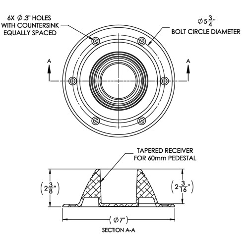 TACO Marine Zwaardvis Table Pedestal Base, For 2-3/8 in (60mm) Column, Aluminum, Brite Anodized