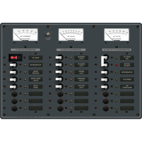 Blue Sea Systems AC/DC Main Circuit Breaker Panel, 6 AC/15 DC Positions, 120V AC/12V DC, 50A AC/100A DC, White Toggles