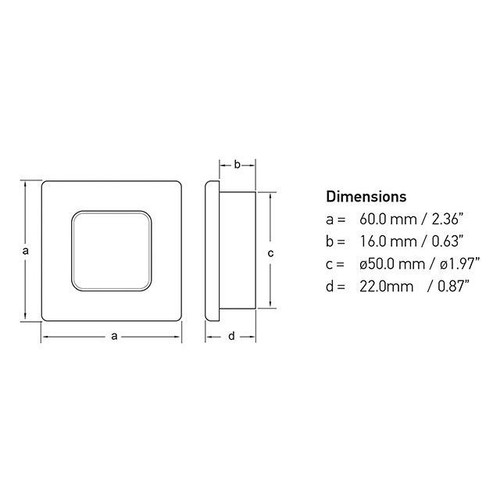 Hella Marine Slim Line Square LED Courtesy Lamp, White Light, White Plastic Rim, 60mm, IP67, Pre-Wired 120mm Cable