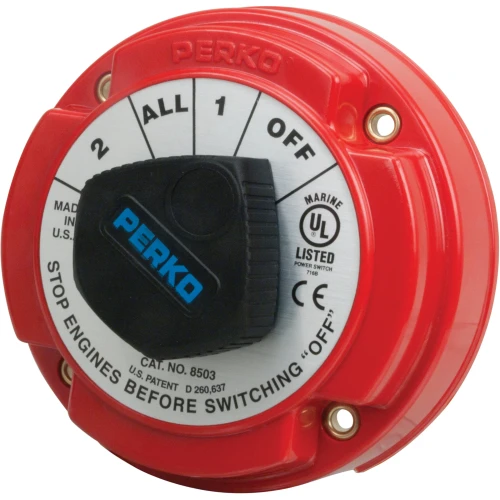 Perko Medium Duty Battery Selector Switch with Alternator Field Disconnect, No Key Lock, 6-32V, 250A Continuous, Ignition Protected