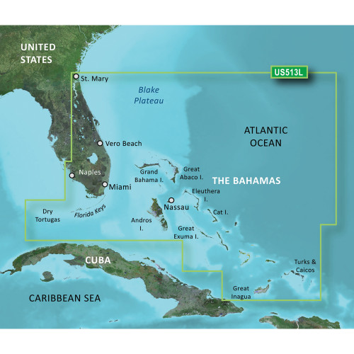 Garmin BlueChart g3 Vision VUS513L Coastal Chart, Jacksonville FL to Bahamas, Auto Guidance, High-Resolution Relief Shading, 3D Views, Aerial Photos