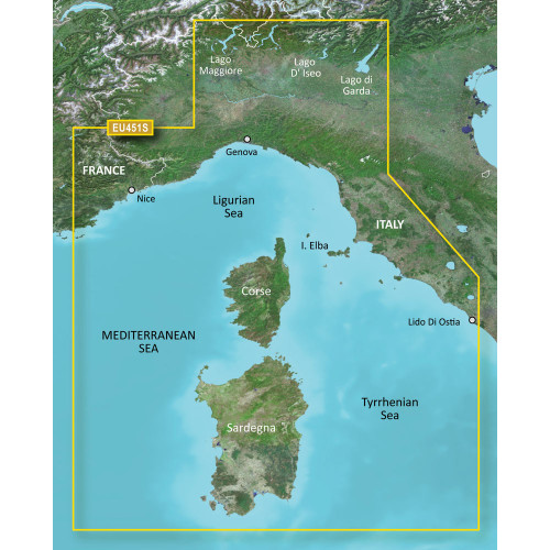 Garmin BlueChart g3 Vision Coastal Chart, VEU451S, Ligurian Sea to Corsica and Sardinia, Auto Guidance, 1 ft Contours, Depth Range Shading Up to 10 Ranges, Satellite Imagery, MarinerEye and FishEye 3D Views