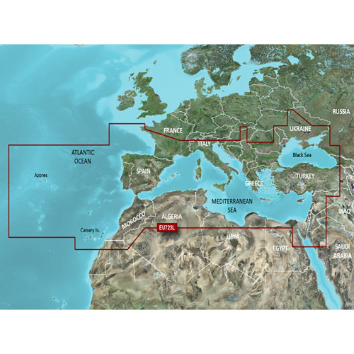 Garmin BlueChart g3 Vision HD Marine Chart, VEU723L Southern Europe, Auto Guidance, Depth Range Shading, Shallow Water Shading, Satellite Imagery, Aerial Photos, FishEye and MarinerEye 3D Views