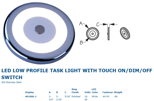 Sea-Dog - LED Low Profile Task Light - Touch On/Off/Dimmer Switch, Stainless Steel, Warm White, 12-28V, 145Lm, 0.19A, IP65 - Apollo Lighting