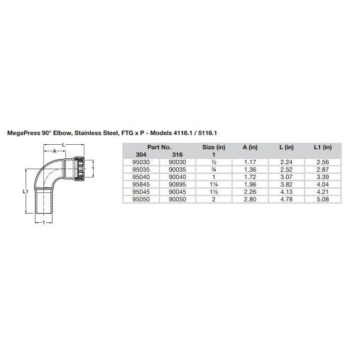 Viega - MegaPress 90deg 304 Elbow - Press Connection