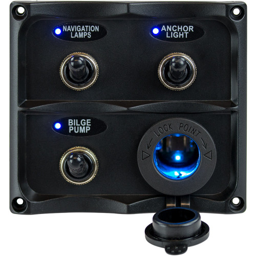 Sea-Dog - Water Resistant Toggle Switch Panel - With LED Power Socket, 3 Toggle - Apollo Lighting