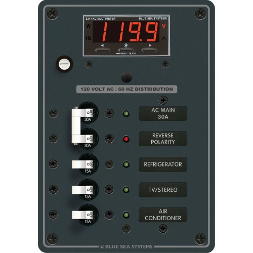 Blue Sea Systems AC Main + 3 Positions Circuit Breaker Panel, 120V AC, 30A Main, Digital Multimeter