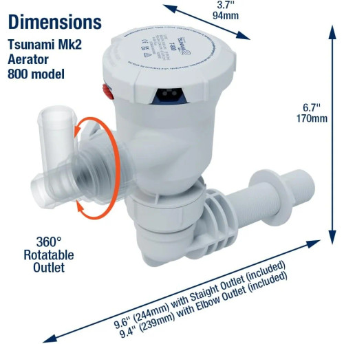 Attwood Marine Tsunami Mk2 T800 Aerator Pump, 12V, 800 GPH, IP68 - Apollo Lighting