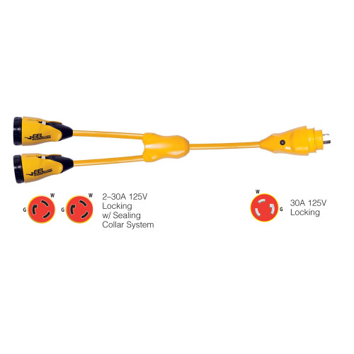 Marinco - Y Adapter - (2) 30A-125V Female to (1) 30A-125V Male Adapter, Yellow - Apollo Lighting Marinco - Y Adapter - (2) 30A-125V Female to (1) 30A-125V Male Adapter, Yellow - Apollo Lighting