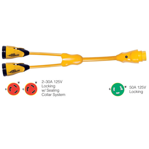 Marinco - Y Adapter - EEL (2)-30A-125V Female to (1)50A-125V Male, Yellow