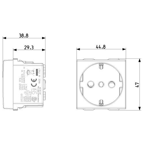 Vimar Neve Up 2P+E 16A P30 SICURY Socket Outlet, 250V, 2 Modules, Flush Mount