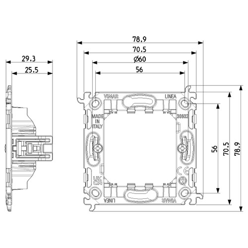 Vimar LINEA 2-Module Mounting Frame, With Claws, For 60 mm Round Flush-Mount Box, 71 mm Center Distance, Thermoplastic