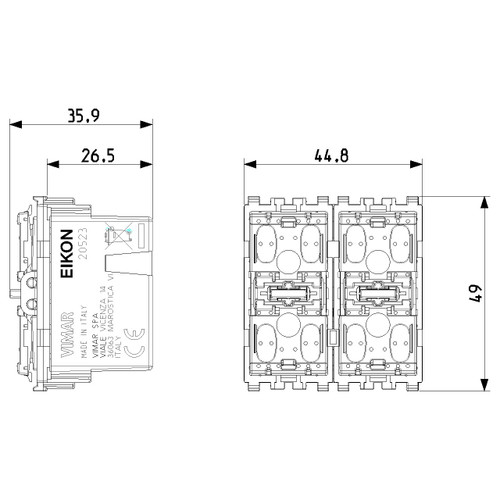 Vimar EIKON 2-Module Two-Rocker Push Buttons, Marine Version, Illuminated, 29V, IP40, Grey (RAL 7024)